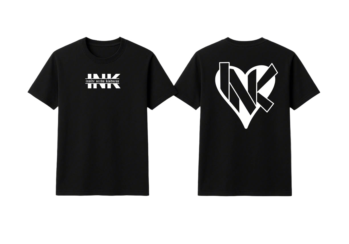 Black t-shirt with white logo on front and back on a white background